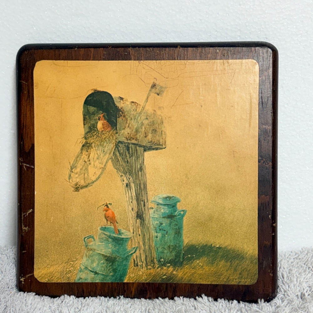 Vintage Ron‎ Dembosky Cardinal Mailbox Wood Wall Plaque Rustic Print  8x8